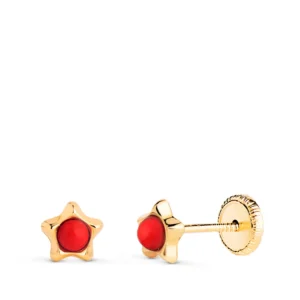 Pendientes de Oro Amarillo de 18k Estrella con Coral 5mm