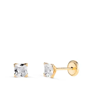 Pendientes de Oro Amarillo 18k Cuadrados con Cuatro Garras 3.5mm