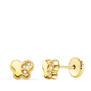 Pendientes de Oro Amarillo de 18k Mariposa Mitad Lisa Mitad Circonitas
