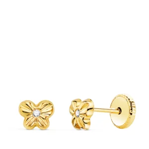 Pendientes de Oro Amarillo Mariposa Labrada con Circonita